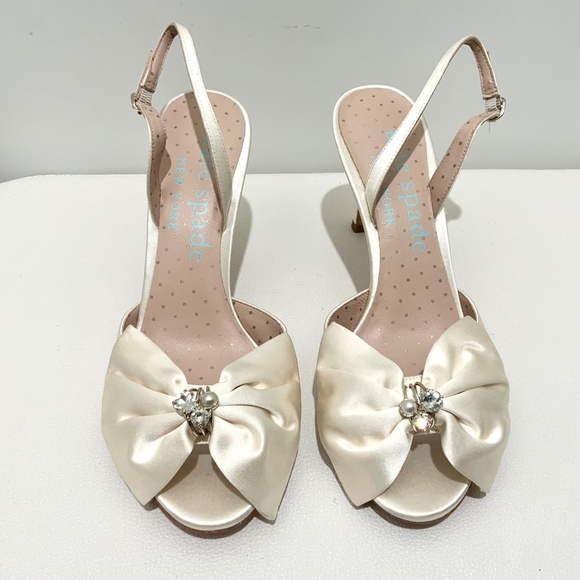 Kate Spade Happily Slingback Pumps Bridal Bow Ivory Satin Stiletto Heel Sandal 9 - Picture 11 of 16